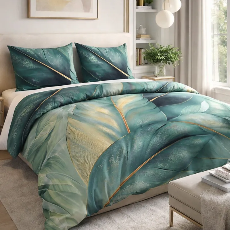 Premium Pościel satyna bawełniana 180x200 Selvado zielona w liście i złote akcenty, Satynlove Premium - 140x200 cm