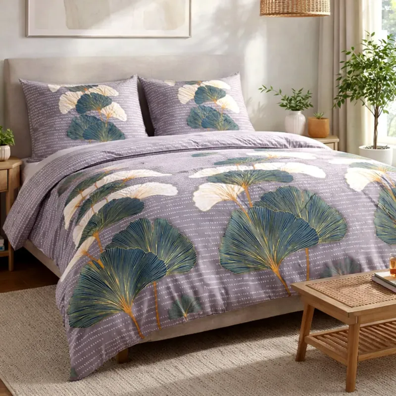 Ostatnie sztuki Pościel flanelowa 140x200 Solenne Dark szara, liście miłorzębu, Flanelove - 140x200 cm
