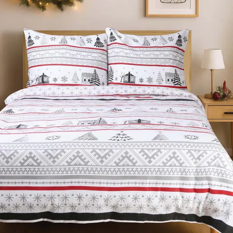 Pościel flanelowa 220x200 Selvia biała w choinki i chatki, Flanelove - 160x200 cm Oferta limitowana