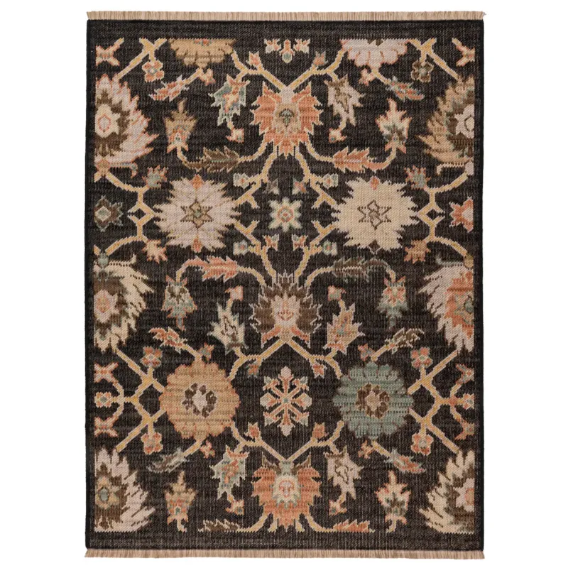 Dywan Wełniany Royal Wool 60x100 cm z frędzlami kwiaty czarny - 200x285 cm Okazja