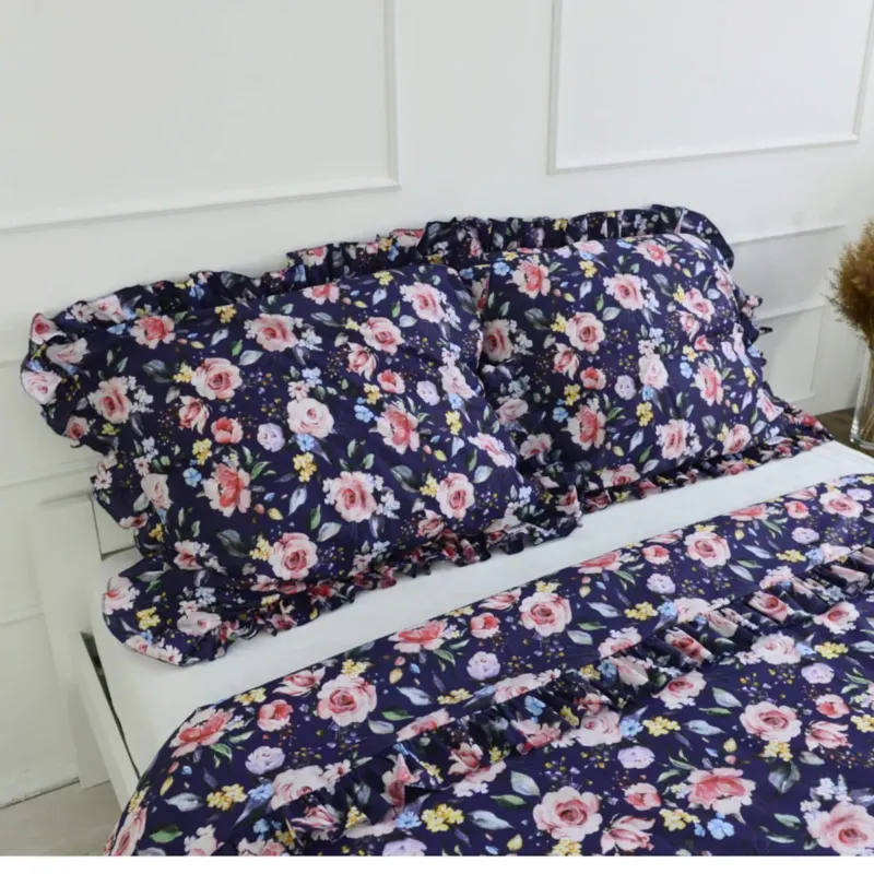 Pościel bawełniana z falbanką boho róże 200x200 + 2x50x60 - 180x200 cm Bezpieczna płatność