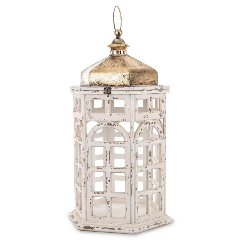Lampion latarnia drewno-metal 82x41x36 cm biało-złoty LUMBERI-2 - Kup teraz