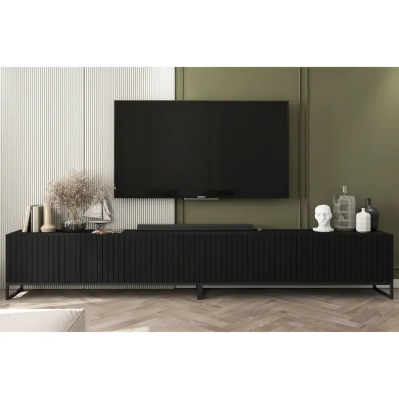 Nowy Komoda RTV Loft Nowoczesna Szafka RTV Czarny Mat Glamour Ryflowane Fronty 300 cm -