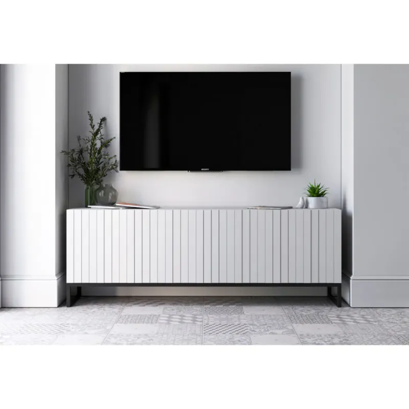 Szafka RTV Loft Biały MAT Komoda RTV Glamour 150 cm Ryflowane fronty Mat - Hit cenowy