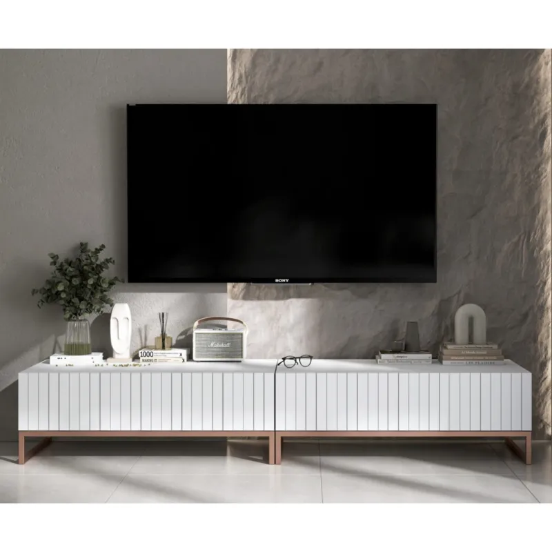 Promocja Nowoczesna Szafka RTV Glamour Komoda RTV Ryflowane fronty Biały Mat 220 cm -