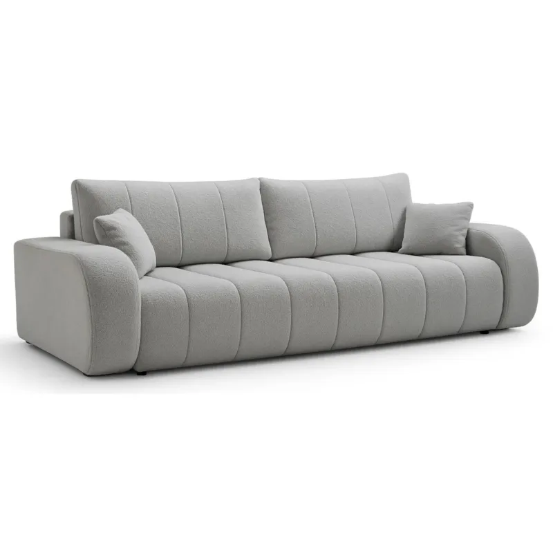 Obniżka ceny Sofa rozkładana ALOO obita tkaniną boucle z ozdobnymi poduszkami jasnoszara -