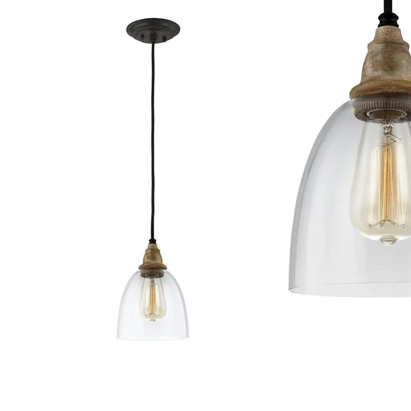 Bezpieczne zakupy Matrimonio Mini – szklana lampa wisząca z drewnem, industrialna