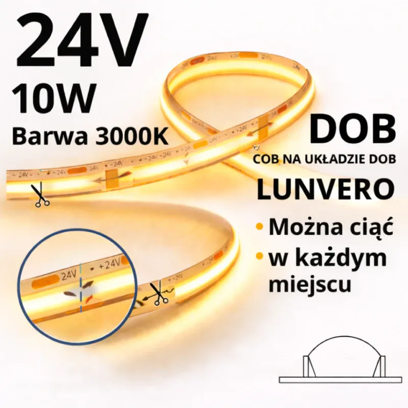 Bezpieczne zakupy Taśma Led 24V 10W Cob Dob 240 Led 3000K 8Mm Ip20 1M Cięcie Taśmy Każdym Miejscu