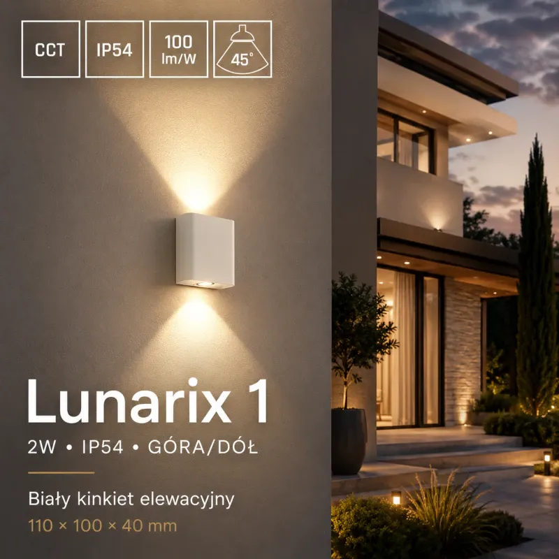 KINKIET ŚCIENNY BIAŁY ZEWNĘTRZNY Lunarix 2W Cct 230V Ip54 Ra90 110X100X40Mm Góra/Dół Tani