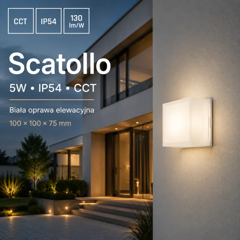 BIAŁA OPRAWA KWADRATOWA ELEWACYJNA Scatollo 5W Cct 230V Ip54 100X100X75Mm Bezpieczne zakupy