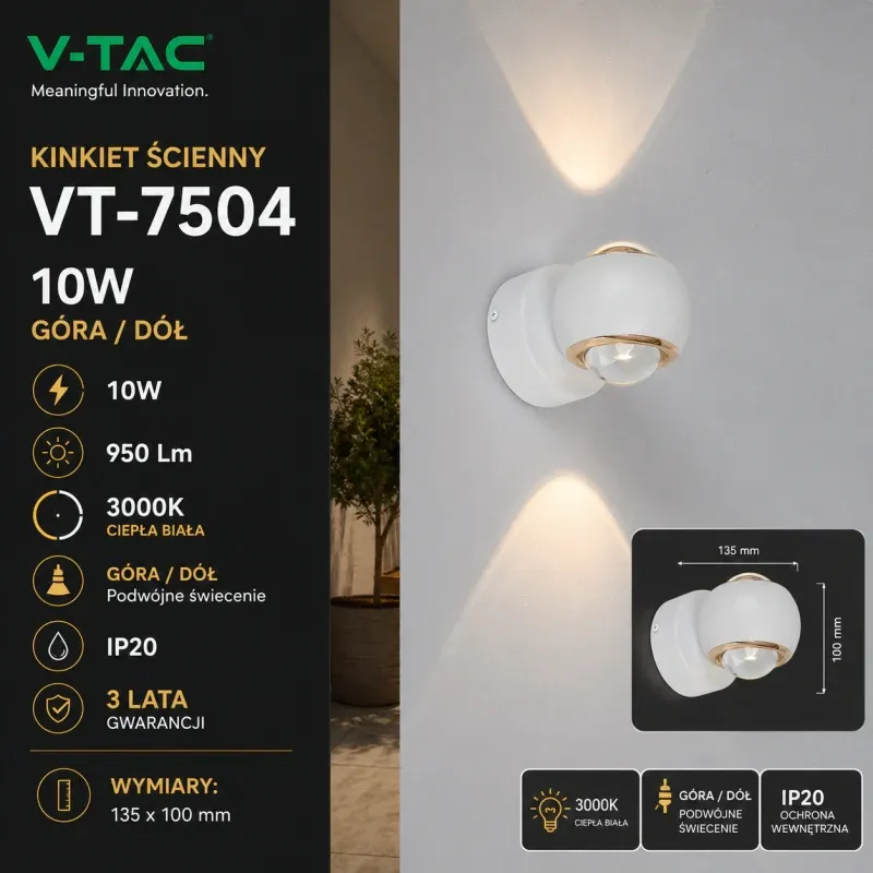 Tylko dziś Oprawa Ścienna V-Tac 10W Led Kinkiet Góra Dół Biała Vt-7504 3000K 950Lm