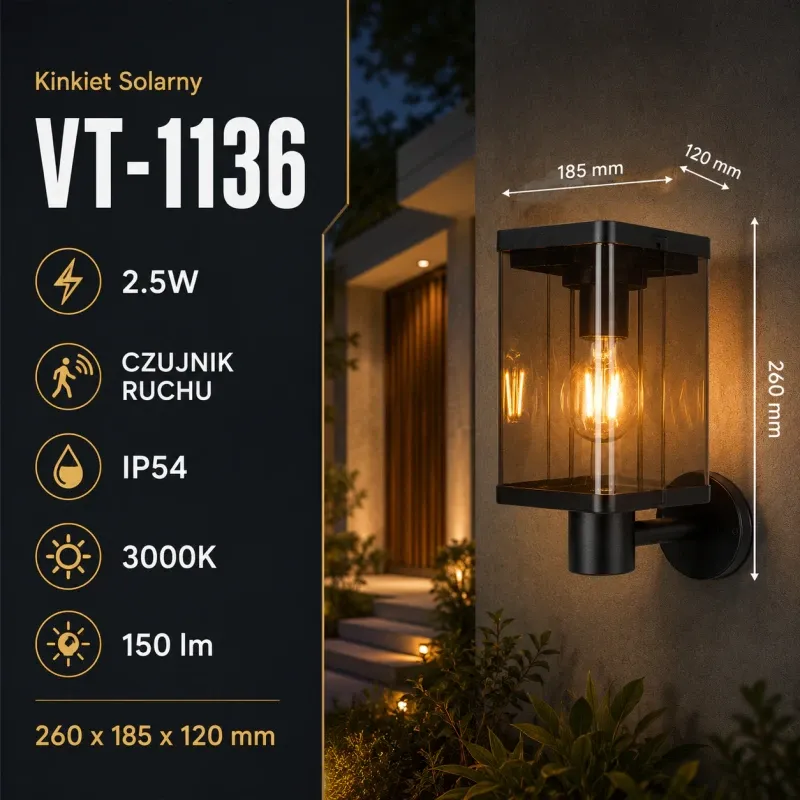 Kinkiet Ogrodowy Ścienny Solarny V-Tac 2.5W Led Czujnik Ruchu Ip54 Vt-1136 3000K 150Lm 3 Lata Gwarancji Wyprzedaż
