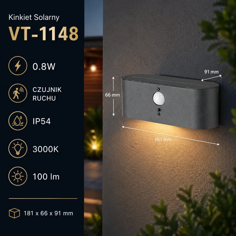 Oferta czasowa Kinkiet Ogrodowy Ścienny Solarny V-Tac 0.8W Led Czujnik Ruchu Ip54 Vt-1148 3000K 100Lm 3 Lata Gwarancji