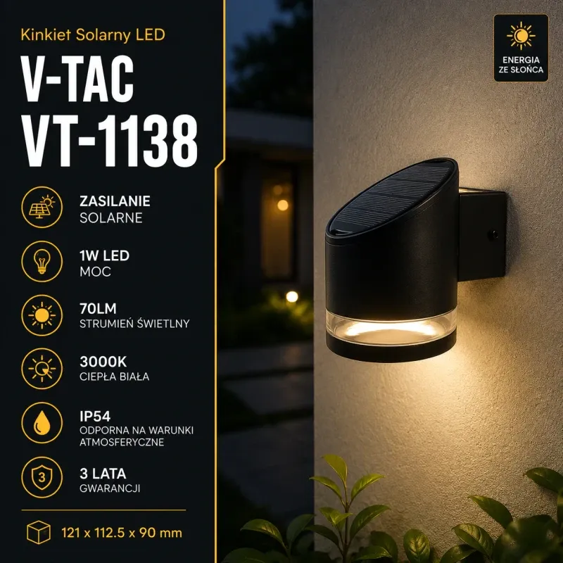 Kinkiet Ogrodowy Ścienny Solarny V-Tac 1W Led Czarny Ip54 Vt-1138 3000K 70Lm 3 Lata Gwarancji Nie przegap