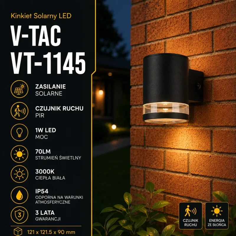 Kinkiet Ogrodowy Ścienny Solarny V-Tac 1W Led Czarny Ip54 Czujnik Ruchu Vt-1145 3000K 70Lm 3 Lata Gwarancji Dodaj do koszyka