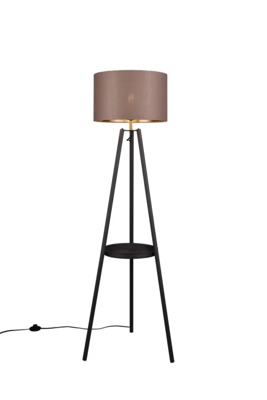 Zamów dziś Lampa podłogowa z półką na trójnogu do salonu czarny mat + abażur szaro-złoty COLETTE R41561032 - RL