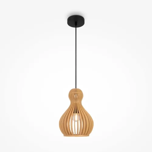 Tylko dziś Czarna lampa wisząca gruszka z brązowym kloszem z sklejki Maytoni MOD192PL-01W Roots E27 20cm